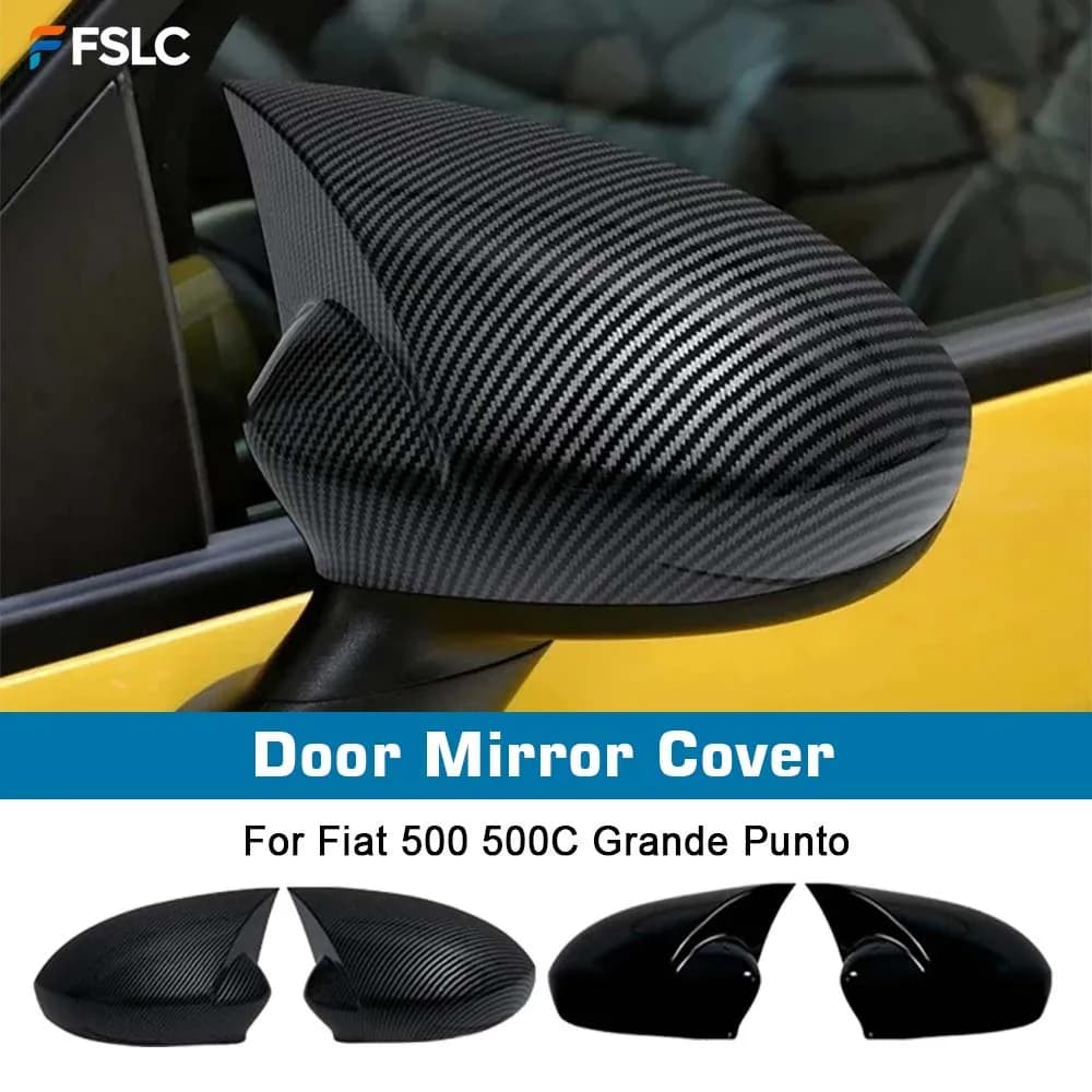 ⭐Genuine⭐ Car Decoration Door Mirror Cover For Fiat 500 500C Grande Punto Carbon Fiber Glossy Black Rearview Accessories