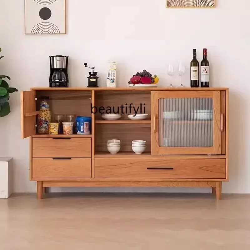 yj58 Nordic Solid Wood Sideboard Simple Living Room Entryway Storage Cabinet Japanese Style Glass Tea Storage Cabinet