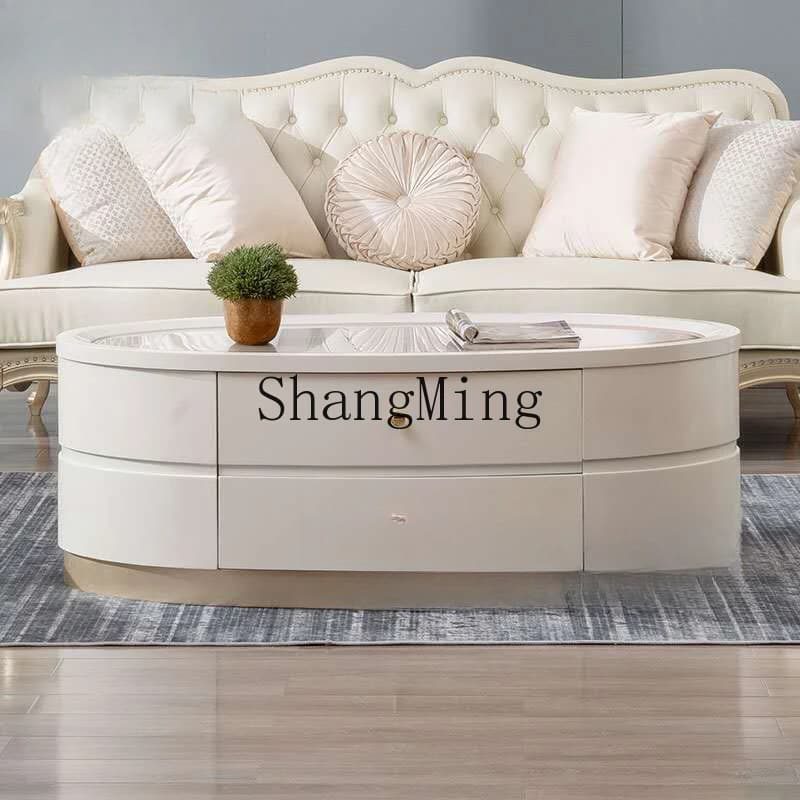 CL milky white living room furniture coffee table light luxury solid wood oval coffee table tempered glass