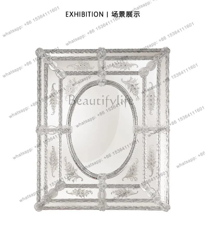 European retro hand-carved glass cosmetic mirror wall-mounted oval advanced decorative mirror