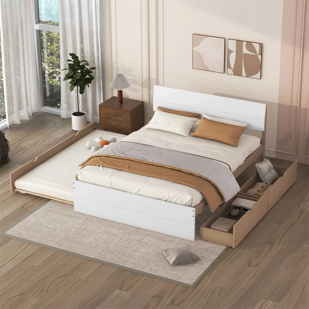 Custom Modern Design Double Wooden King Queen Size Full Bed Frame With Twin Size Trundle 2 Drawers Storage Headboard for Bedroom