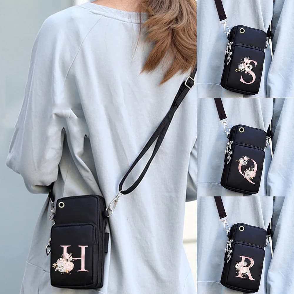 Waterproof Mobile Phone Shoulder Bag for Iphone/huawei/samsung Universal Cell Phone Case Women Pink Flower 26 Letters Wrist Pack