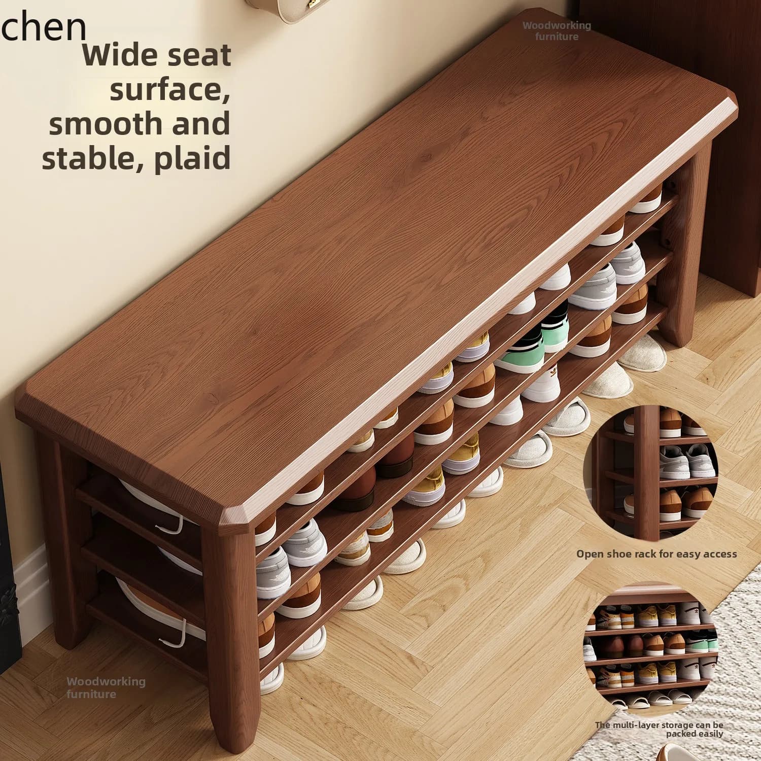 DSA  No-Installation Solid Wood Home Entryway Shoe Changing Bench,  Integrated Multi-Layer Long Bench for Entrance