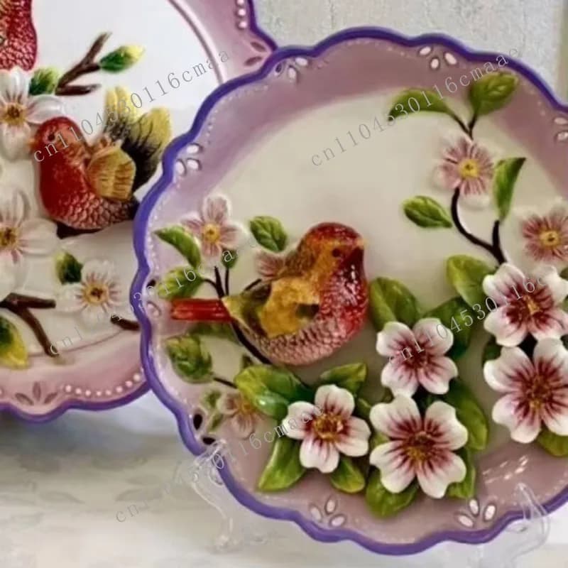 Yamu hook flower ceramic round pastoral hanging plate TV cabinet entrance decoration home accessories