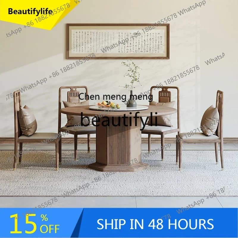 A32 New Chinese-style North American black walnut dining table and chair combination modern light luxury solid wood round table