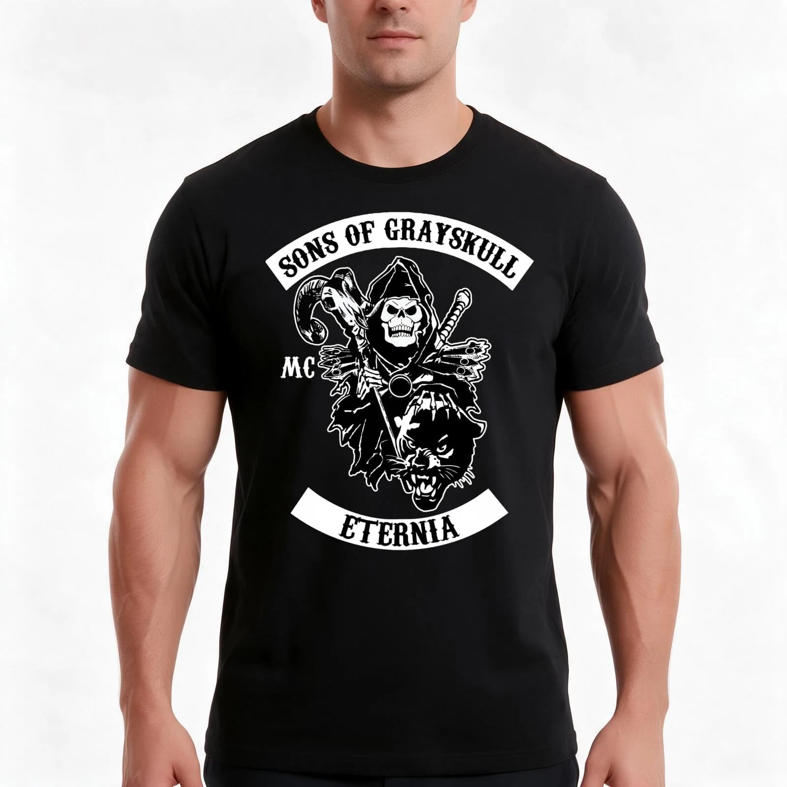 SONS OF GRAYSKULL!! (BLACK) T-Shirt, Summer Casual Cotton Tee, Oversized Streetwear Tops, Vintage Graphic Print, 100% Cotton