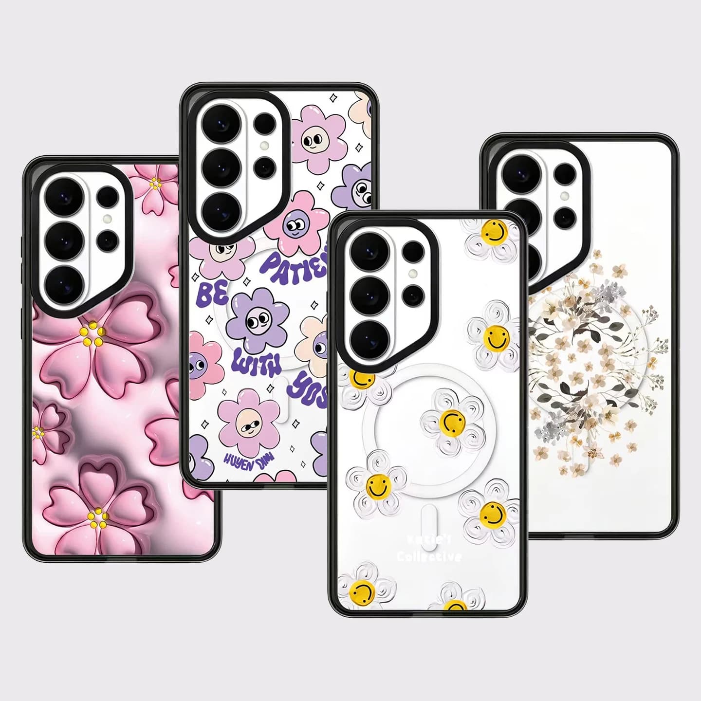 Pink Sakura Flower Daisy Acrylic Black Border Case for Samsung Galaxy S26 S25 S24 S23 Ultra S26U S24+ S25+ S26 Plus Case