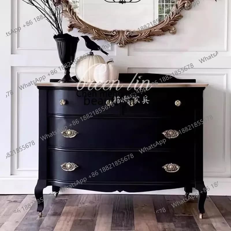D178 Y French retro solid wood black drawer cabinet neoclassical drawer storage cabinet living room decorative cabinet