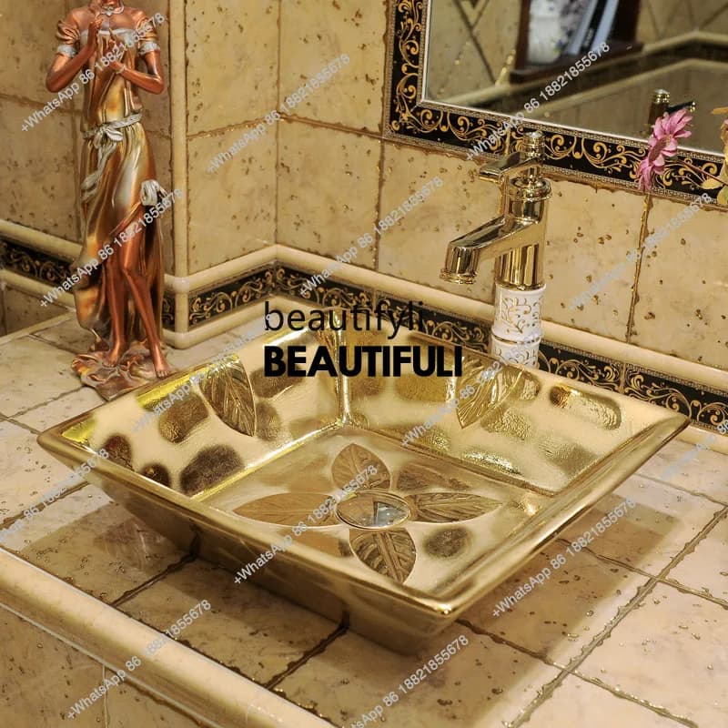 European-style golden counter basin square ceramic wash basin hotel gold-plated washbasin bathroom art washbasin