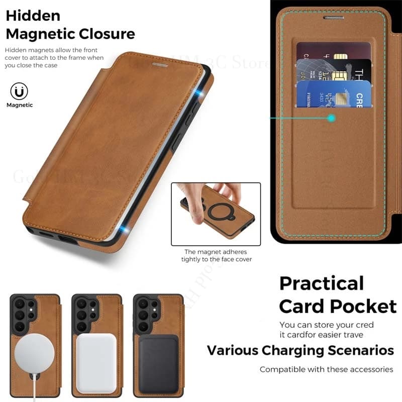 Leather Flip Card Slot Wallet Case For Samsung S25FE S26 Ultra Magnetic Ring Stand For Magsafe Cover For Galaxy S25 Edge S24 S23