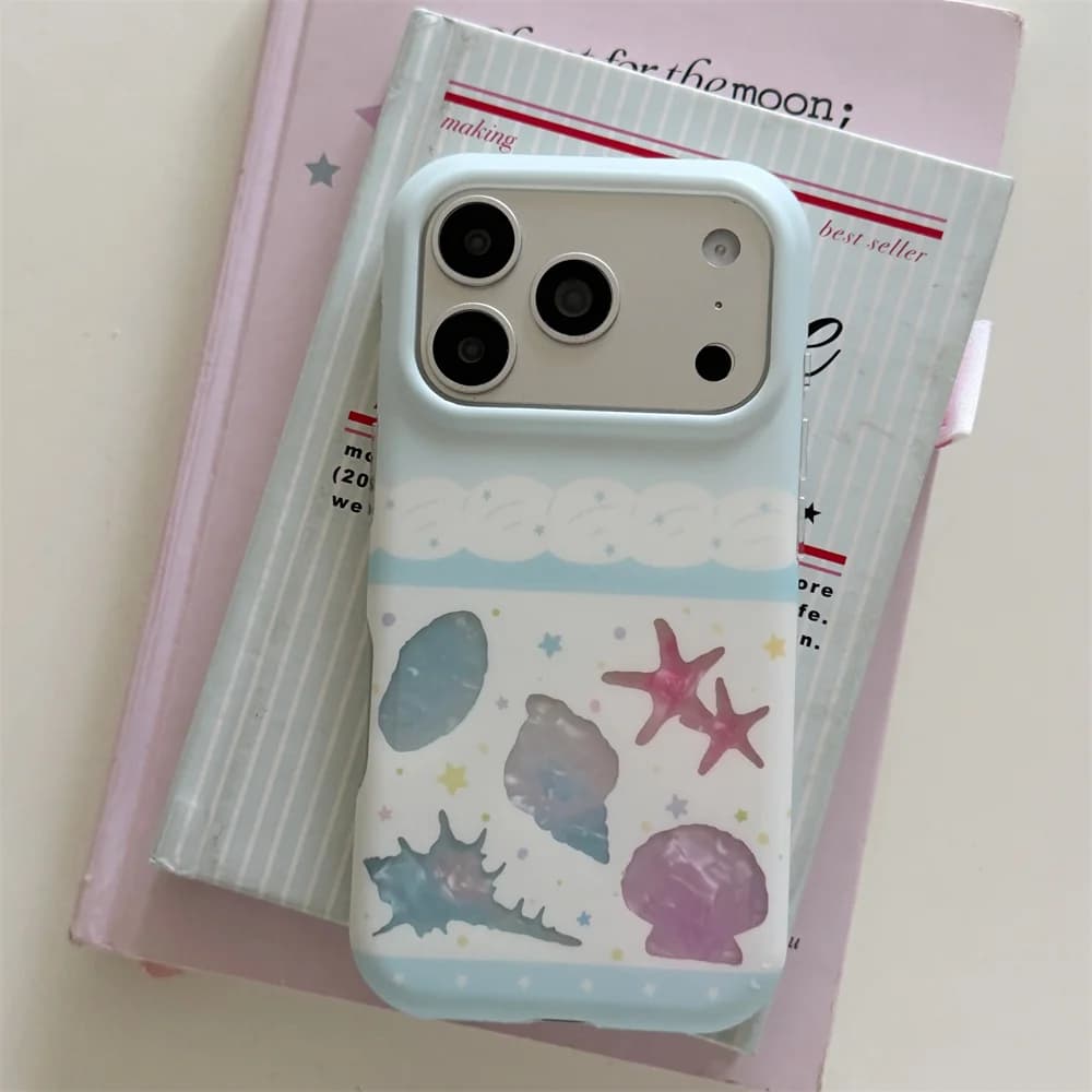 Cute Ocean Seashell Starfish Print Phone Case For iPhone 15 16 17 Pro Max Pastel Blue Lace Wave Pattern Soft Shockproof cover