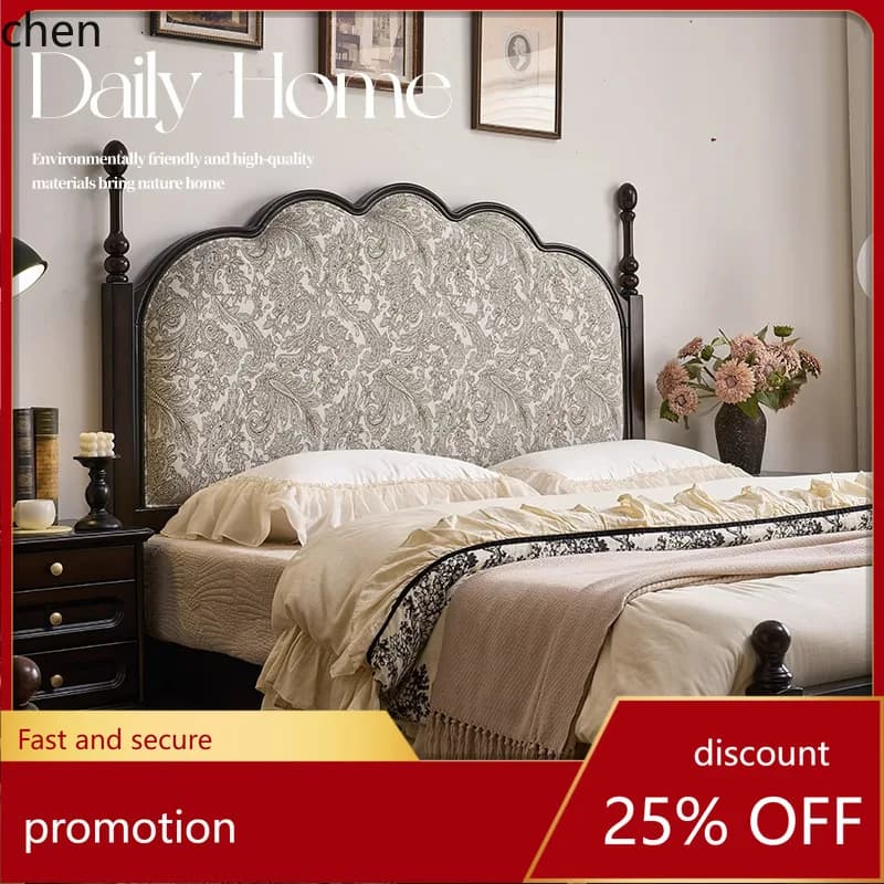 HT Soft Bed Double Solid Wood Retro Master Bedroom Wedding Bed Large Bed Fabric 1.95m