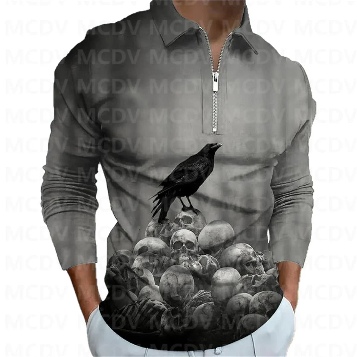 2023 New Men's Long Sleeve Zipper Polo Shirt Halloween Crow 3D Printed Polo Long Sleeve T Shirt Casual Tops