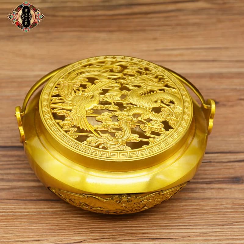 Large brass hand warmer with dragon and phoenix motifs, indoor charcoal incense burner, copperware