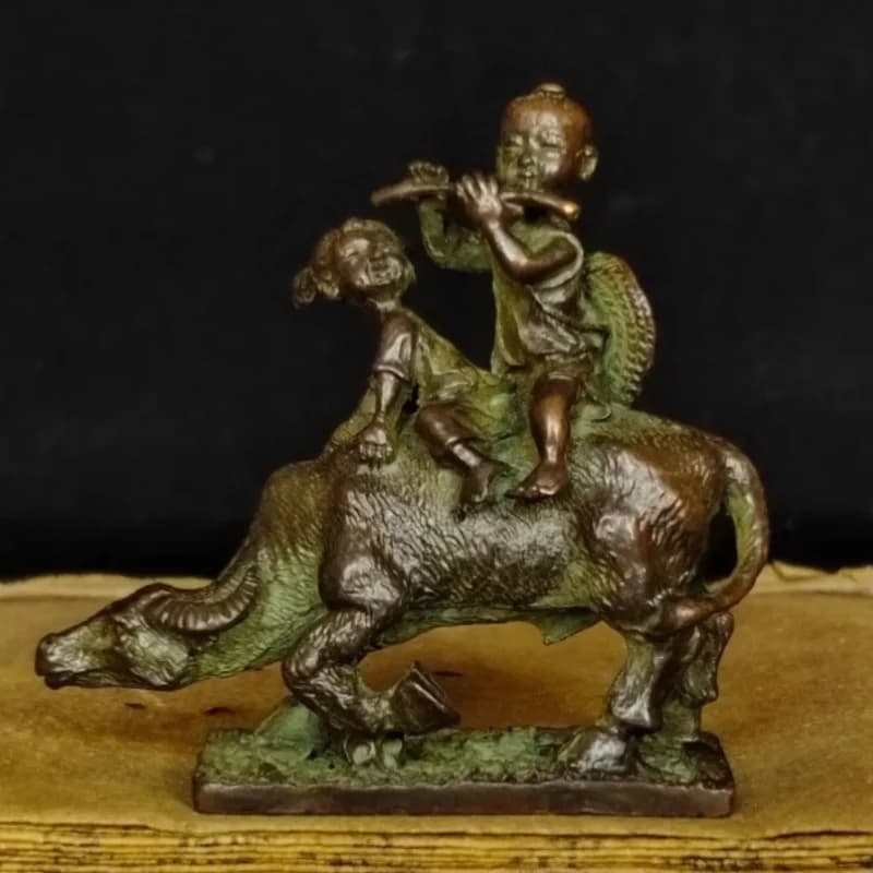 Old Chinese Pure Brass Copper Fengshui Two Kid Boy Child Bull Oxen Wealth Statue
