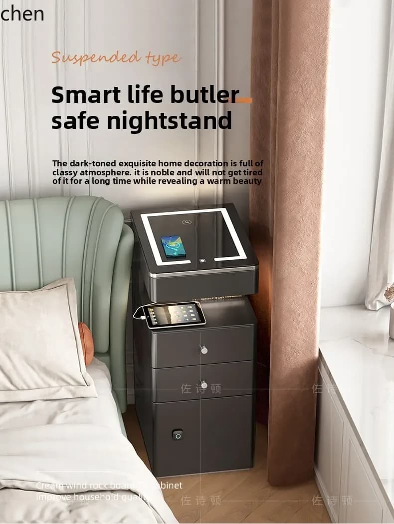 DSASmart Bedside Table Tempered Glass Countertop Wireless Fingerprint Lock Black Cabinet Locker