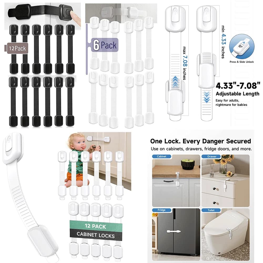 12 Pack Cabinet Safety Locks, 3M Adhesive No Drill Latches, Heavy Duty Home Security for Drawers,Cupboards,Fridge,Pet Protection