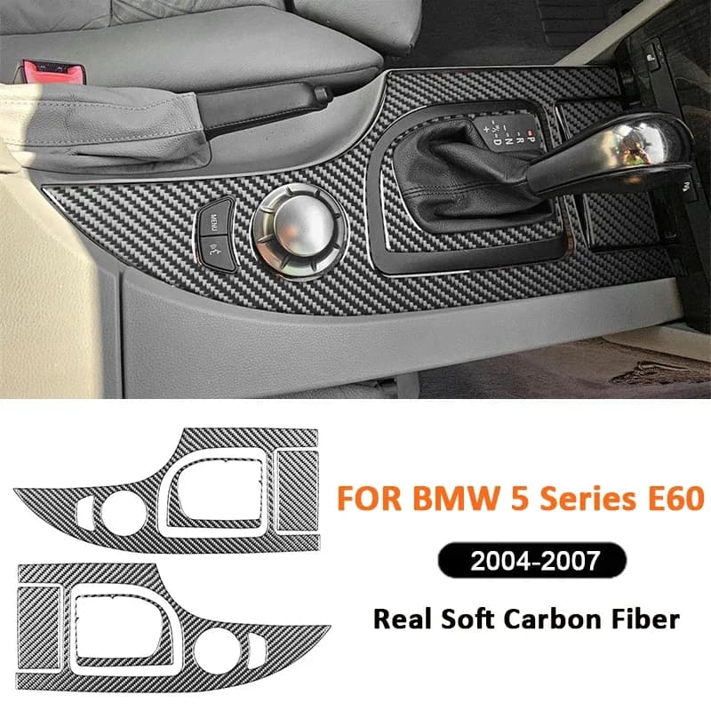 Carbon Fiber Car Central Console Gear Shifter Panel Cover Interior Decoration Sticker Accessories For BMW 5 Series E60 2004-2007