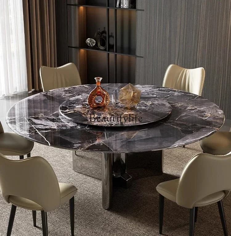 FG43*Light luxury super crystal stone dining table marble round living room Italian high-grade black luxury stone