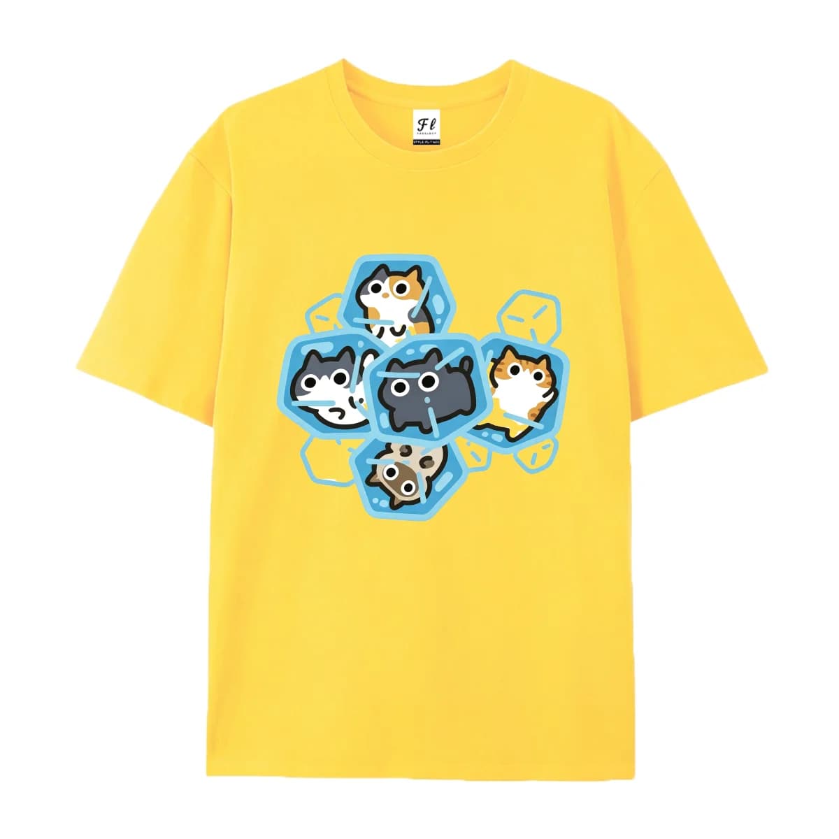 Unisex Summer Crew Neck T Shirt Cute Cat Ice Cube Print Short Sleeve Tees Soft Cotton Tops Street Casual Daily Outfit Styles