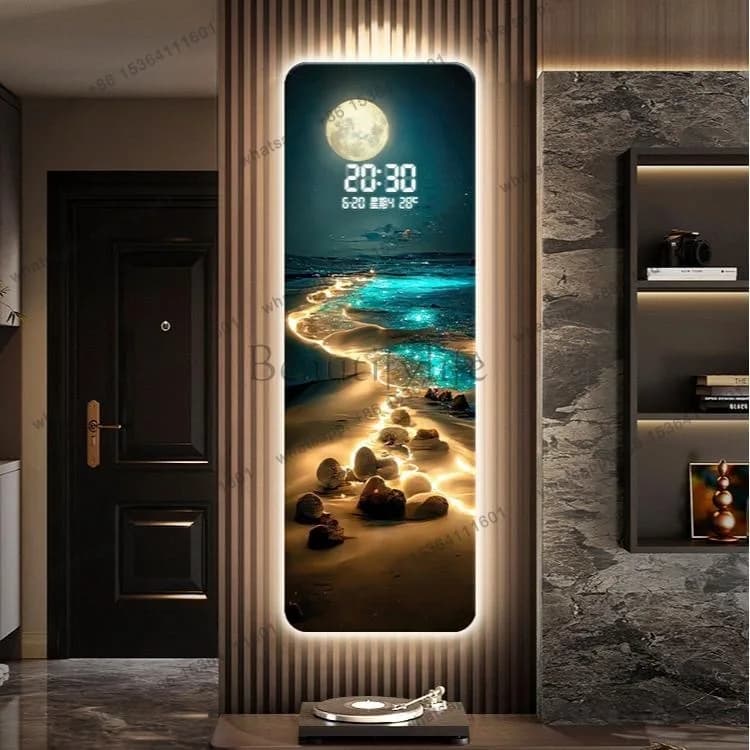 Ocean Wave Living Room Perpetual Calendar Wall Clock Moon Digital Display Screen Electronic Clock Decorative Painting with Light