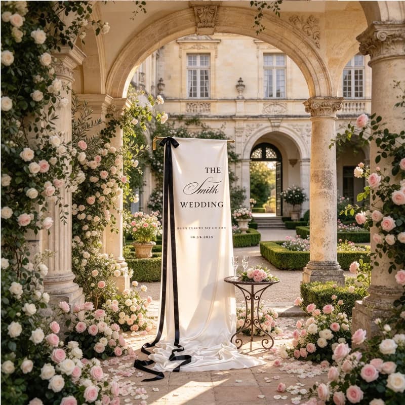 2D Flat 1pc Custom Satin Wedding Backdrop, Personalized Satin Receptions Banner, Luxury Event Decor,Table or Door Hanging Decor