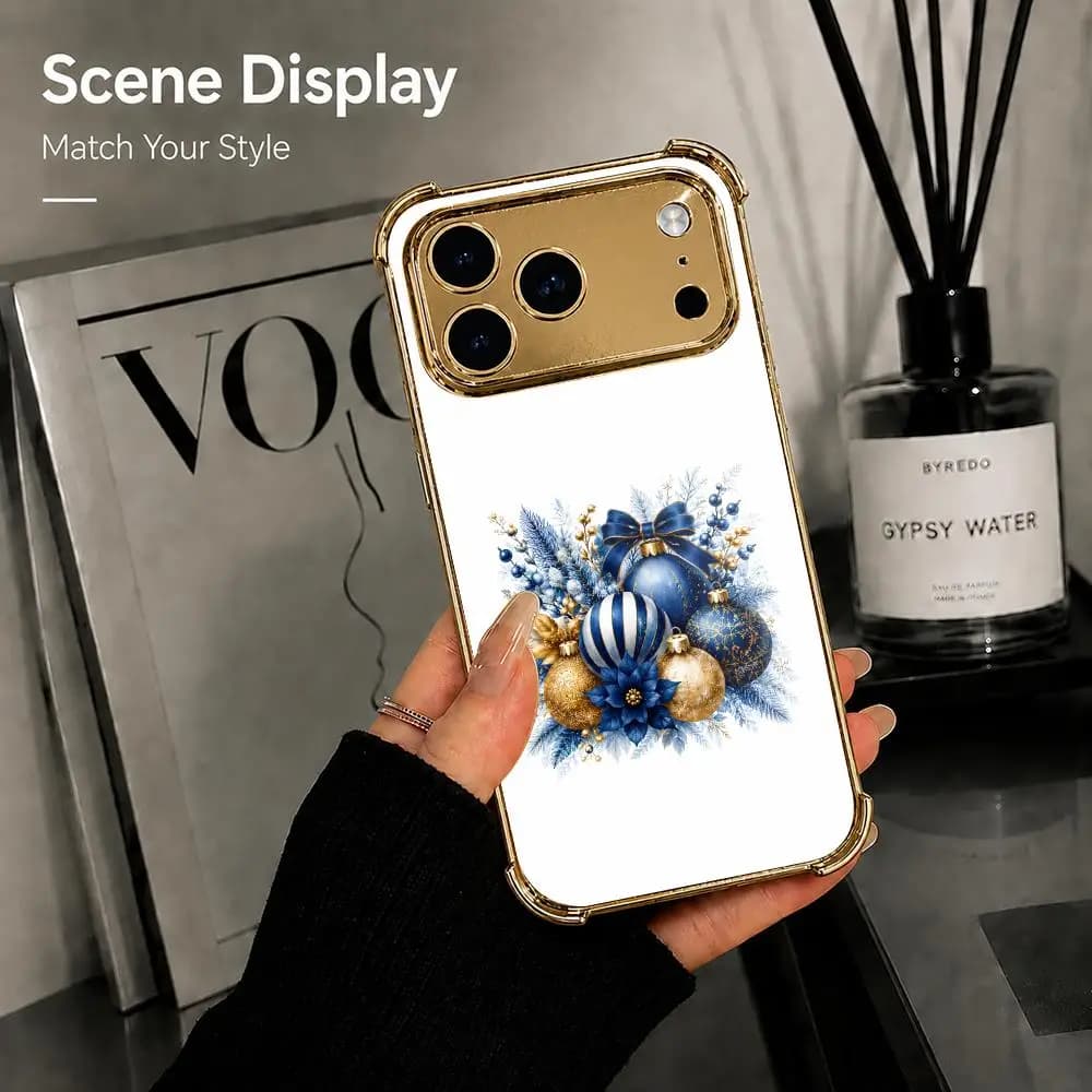 Blue Christmas Snowman Phone Case For iPhone 18 17 16 Pro Max Plus Electroplated Metal Frame Airbag Corner Protection Cover