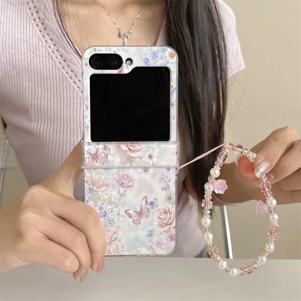 Elegant Pastoral Rose Butterfly Printed Magnetic Phone Case for Samsung Galaxy Z Flip 7 6 5 Crystal Bead Strap Protective Cover