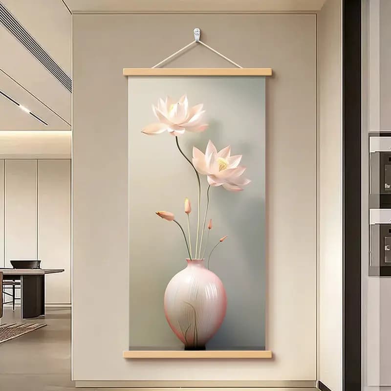 Wall Art Graceful Lotus Flower Pearlescent Canvas Hanging Scroll with Wooden Rods for Chinoiserie Entryway and Hallway