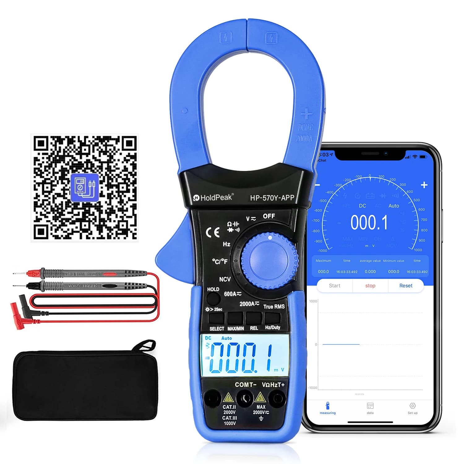 HOLDPEAK Digital Clamp Multimeter, 2000A / 2000V,True RMS Meter, with Bluetooth ,APP, AC/DC Voltage & Current Tester HP-570Y-APP