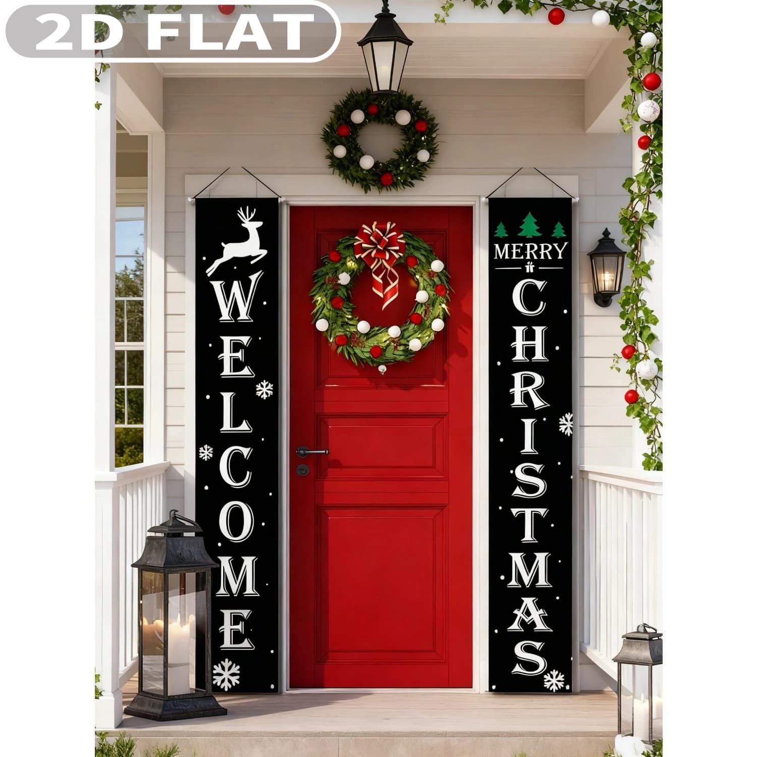 1 Pair Welcome Christmas Christmas Hanging Porch Sign Durable Polyester 1x6FT Black Color Merry Christmas Outdoor Sign