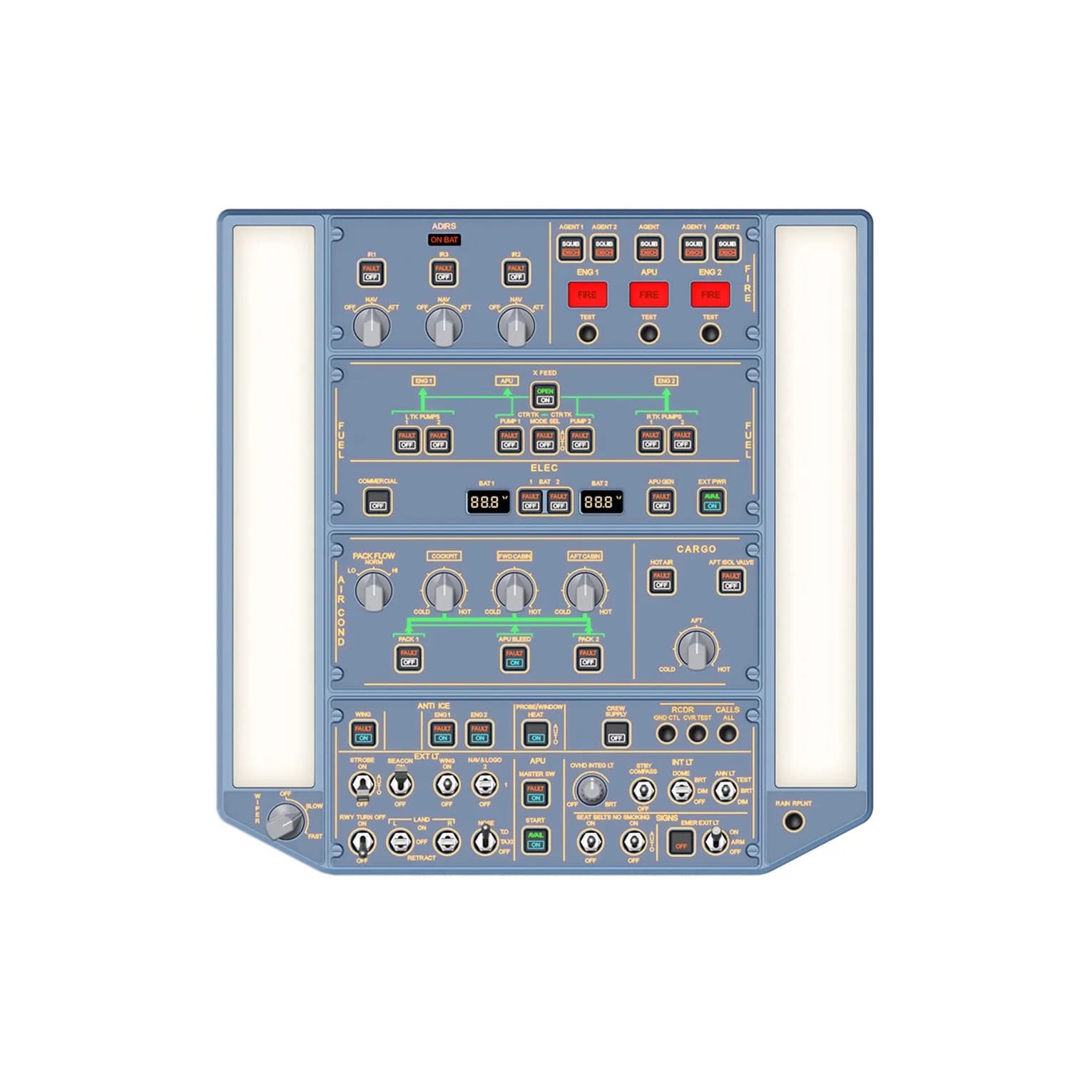 The A320 OVERHEAD PANEL simulates the flight peripherals of the real top plate.