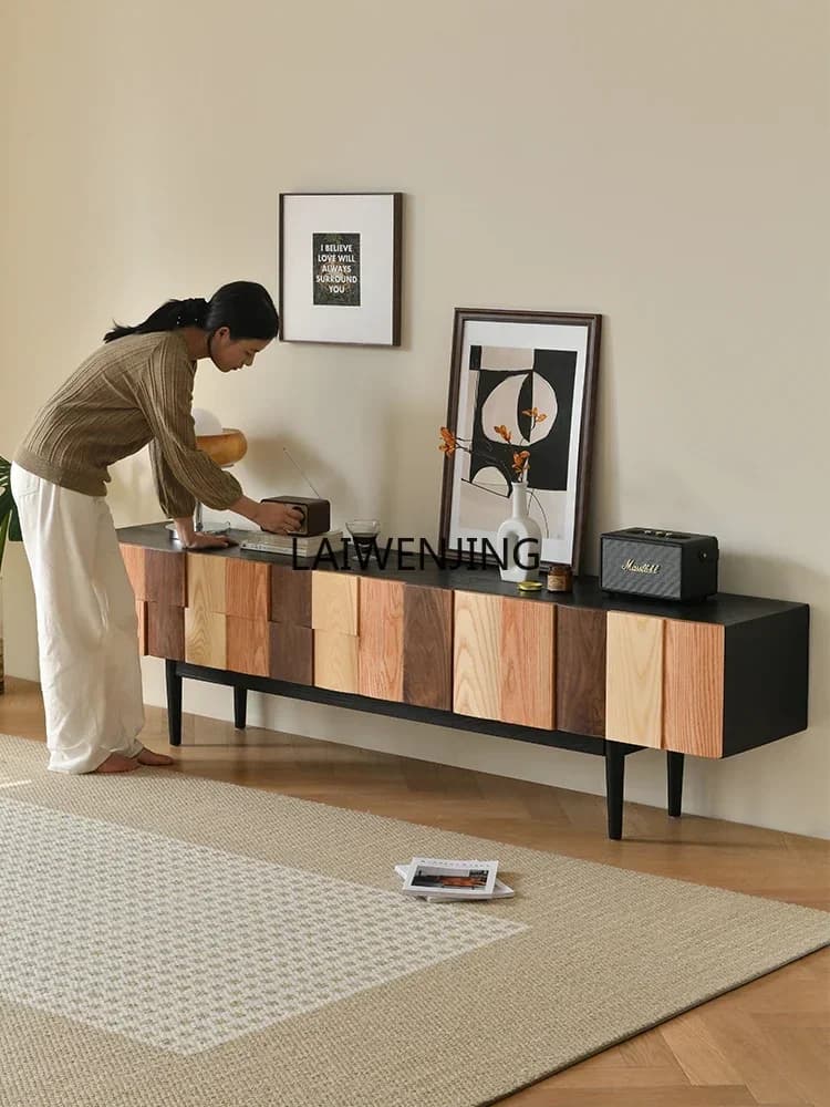 Minimal TV combination cabinet, wabi-sabi wind black walnut solid wood carving color matching audio-visual cabinet