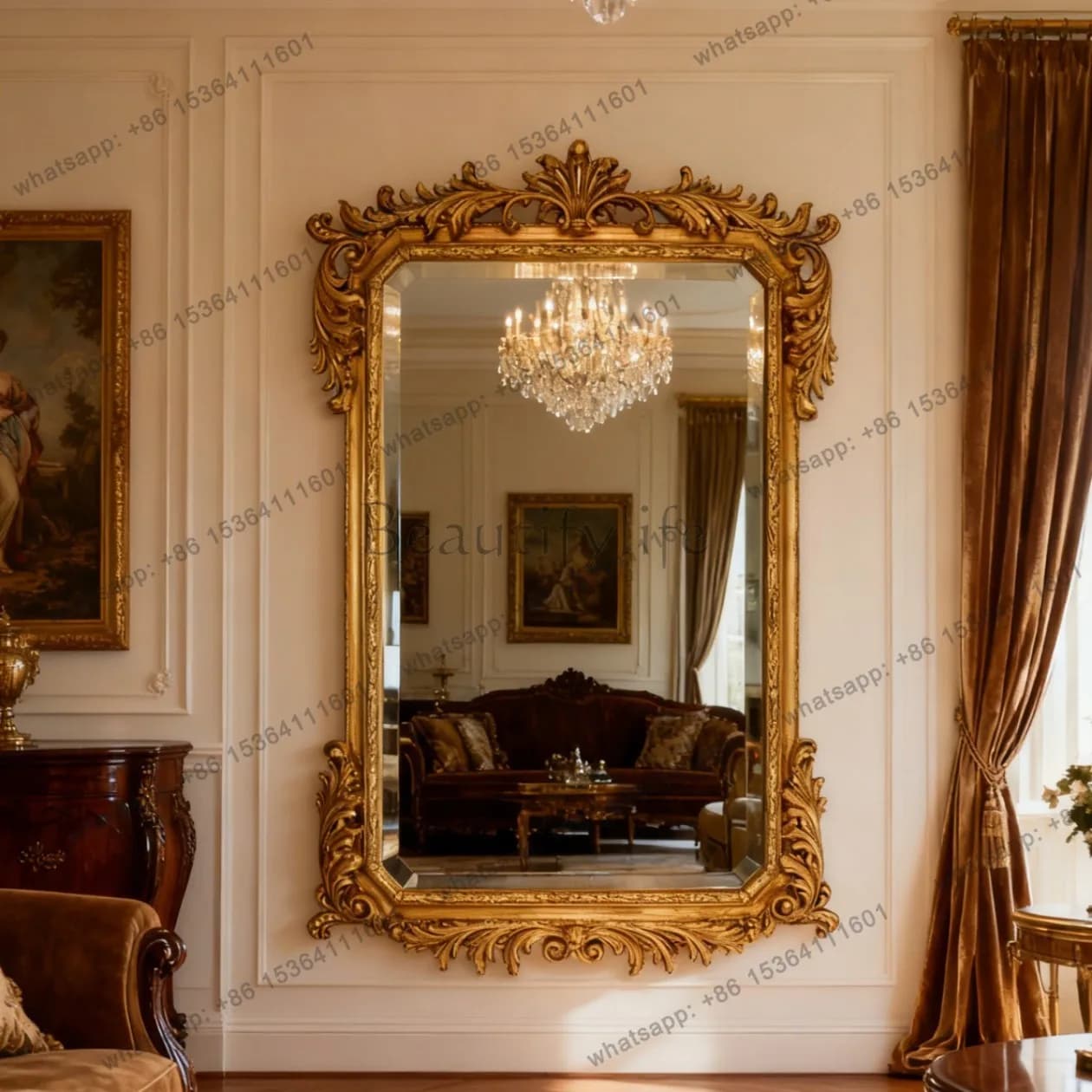 yj9 European style light luxury square carved border hanging wall mirror French retro court style decorative mirror