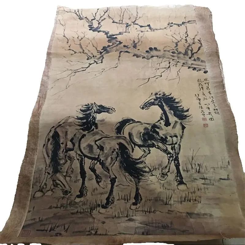Chinese Old Scroll The works Painter Xu Beihong's three horses under the shade of trees Painting , Rice Paper Painting Slice,Dec
