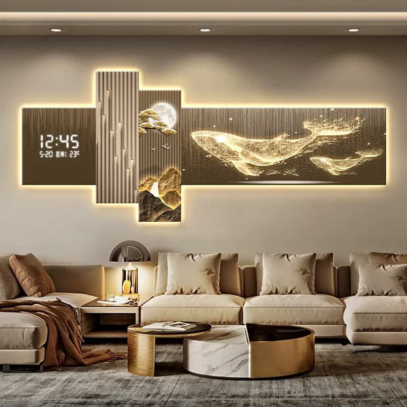 Light Luxury Whale Living Room Decor Artwork Electronic Screen Clock Sofa Accent Wall Hanging Art New Creative Clock Wall Light