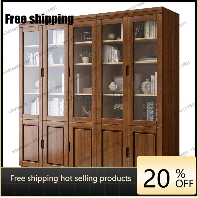 LX New Chinese Solid Wood Bookcase Floor Locker Glass Door Bookshelf