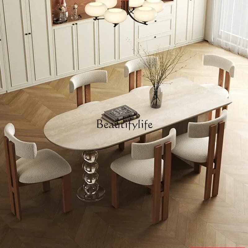 LJYAcrylic travertine rock slab dining table Small apartment designer French cream style minimalist dining table