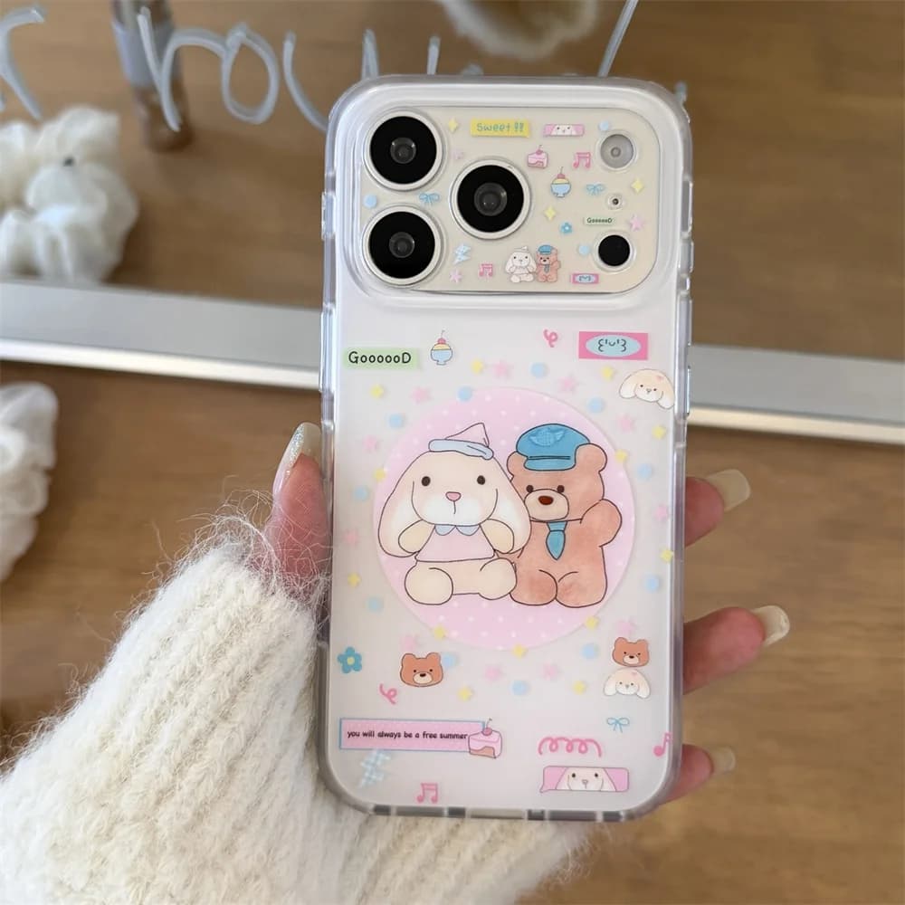 Kawaii Rabbit Bear Sticker Pattern Case For iPhone 15 16 17 Pro Max Lovely Multicolor Sticker Shell Shockproof Protective Cover