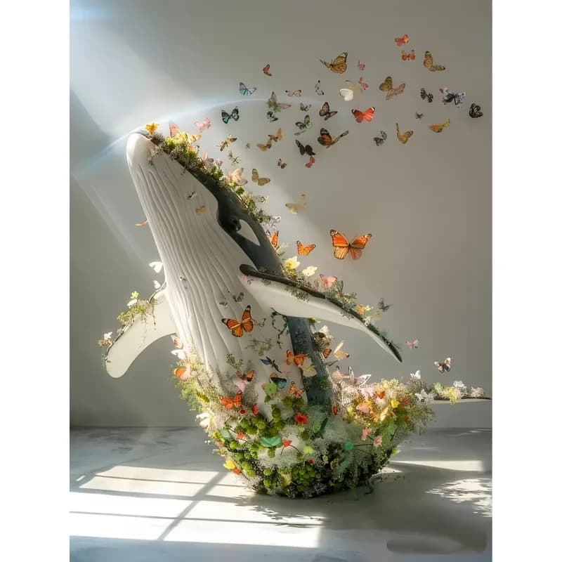 Large Whale Sculpture with Flowers Fiberglass Garden Yard Art Decor