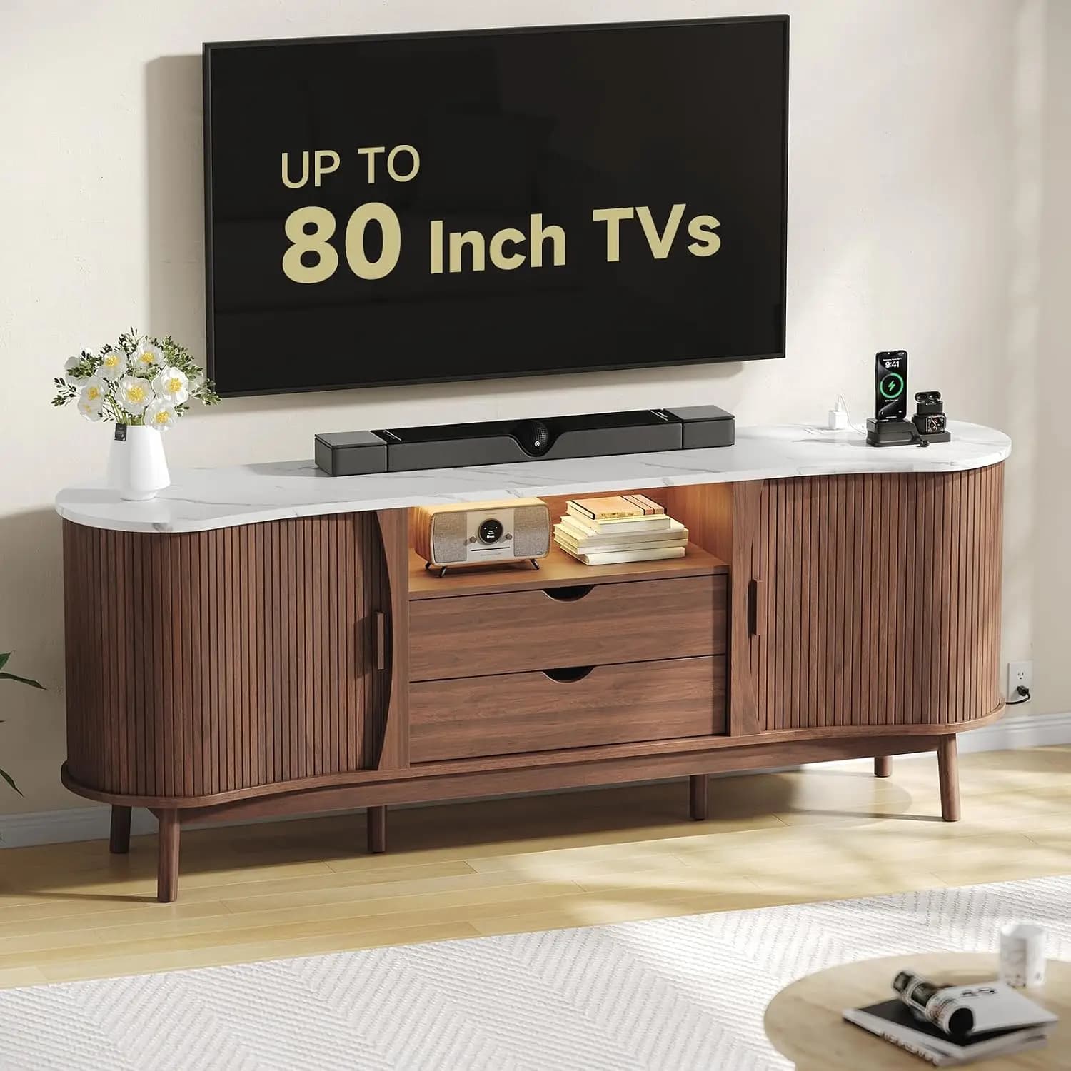 70 Inch Fluted TV Stand for TVs up to 80 Inch, Bean-Shaped Entertainment Center with LED Light,Customized