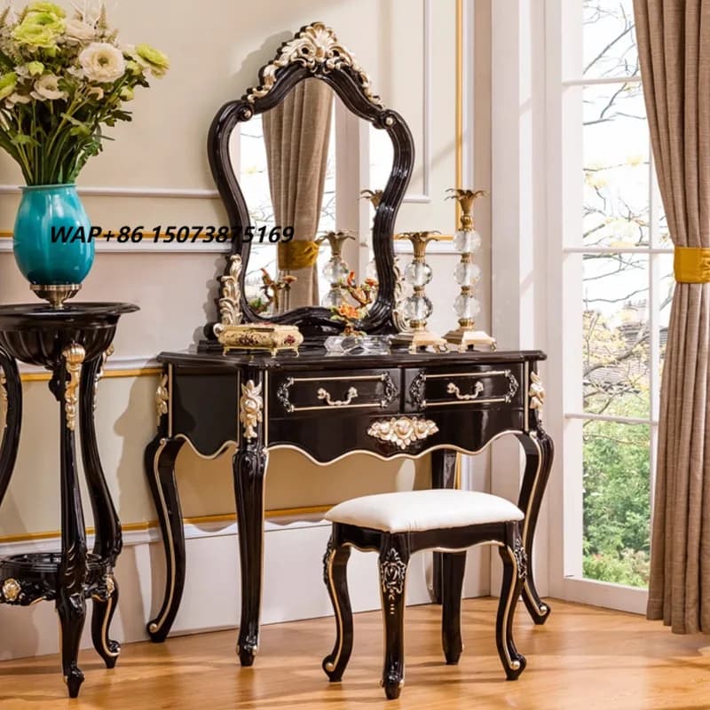 European-style Dressing Table Solid Wood French Makeup Desk Dressing Mirror New Classical Ebony Purple.