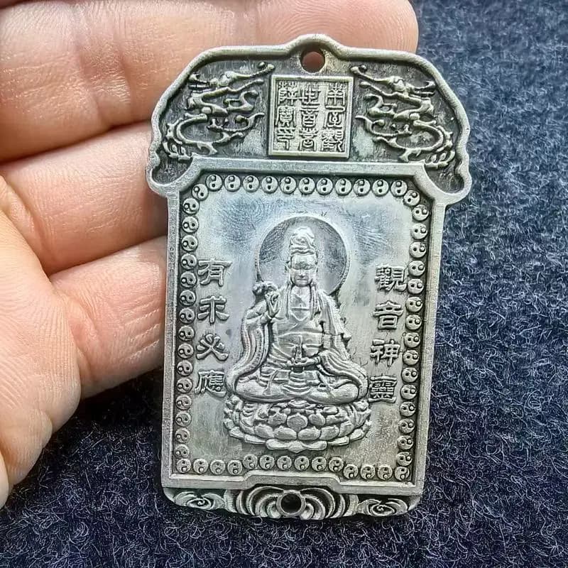 Antique and miscellaneous collectibles: vintage , white copper , Guanyin waist plaque for warding