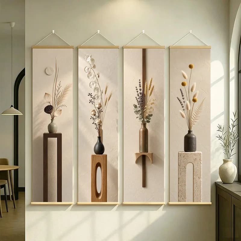 Wall Art Billy Button and Bunny Tail Grass, Calm Wabi-Sabi Silver Shimmer Canvas Hanging Scroll for Peaceful Reading Nook