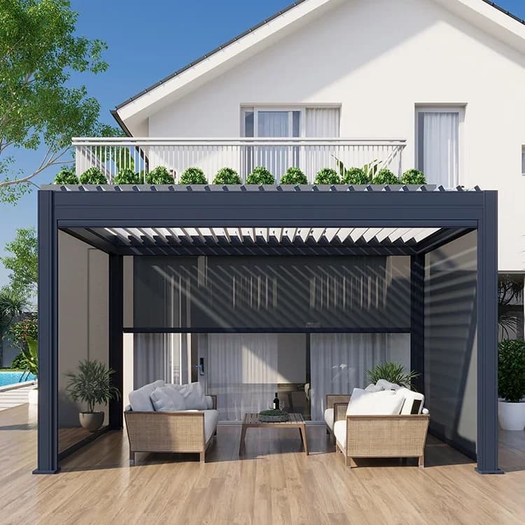 Premium aluminum pergola with wind and rain sensors, adjustable blinds, custom garden terrace