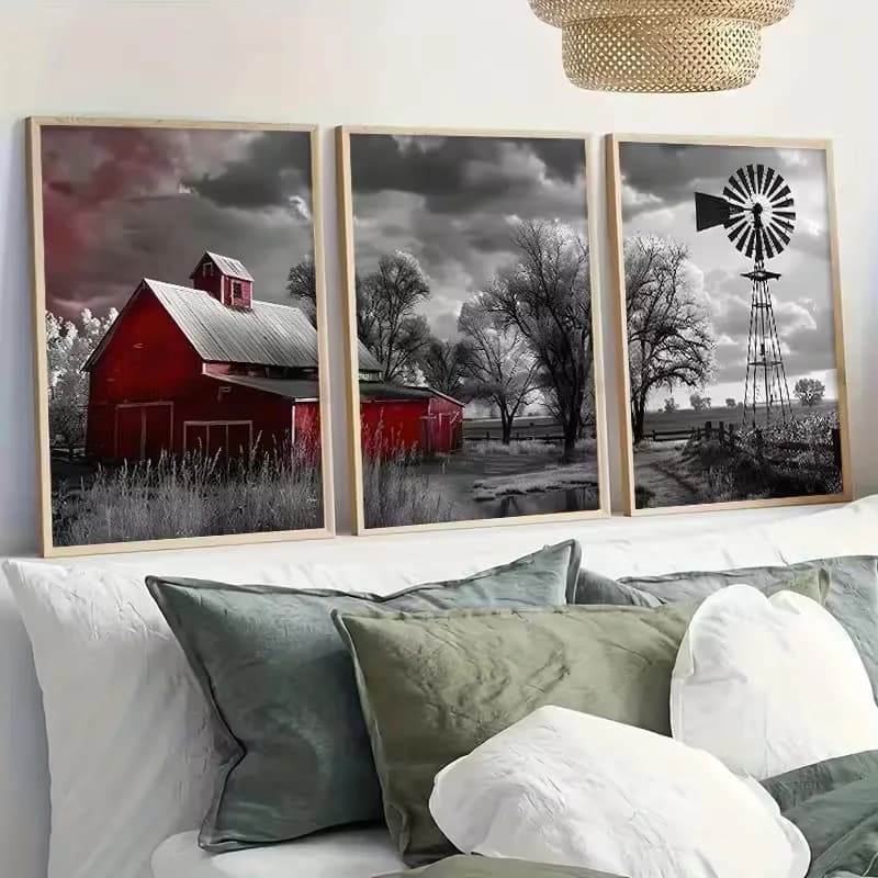 3pcs Simple Farm Scene Canvas Poster Picture Wall Art Red Barn Windmill Living Room, Bedroom, Dining Room Home Decoration, Print