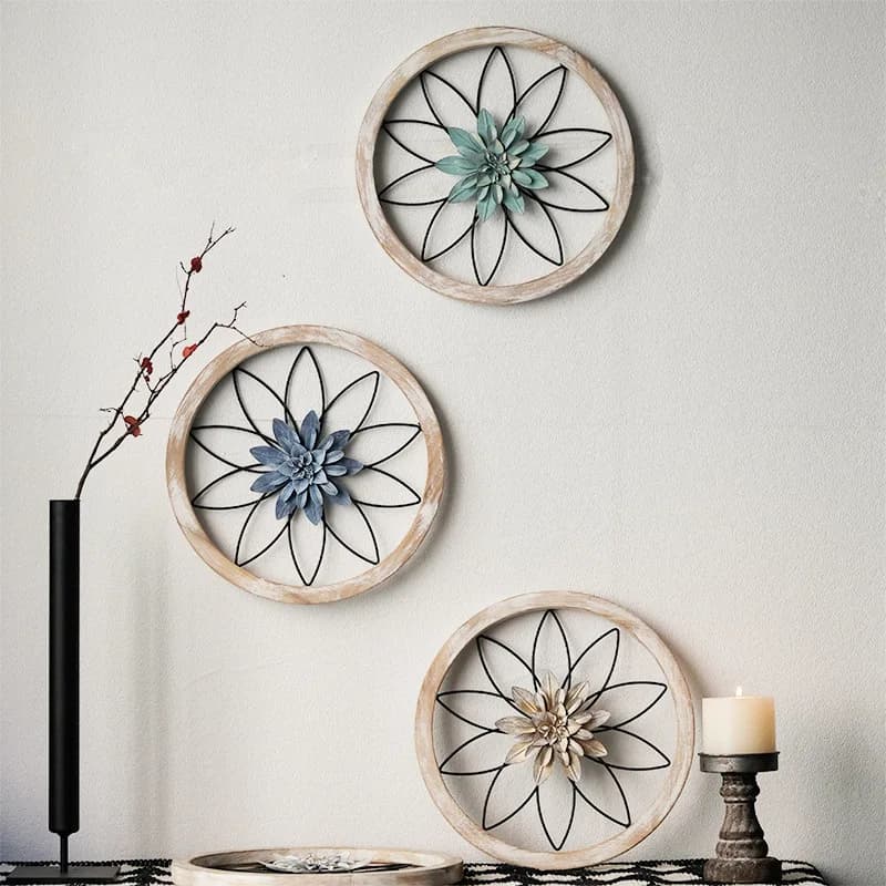 Rustic Wood Iron Wall Decoration, Circular Wooden Frame 3D Metal Flower Wall Art, Vintage Farmhouse Style Wall,Festival Gift.