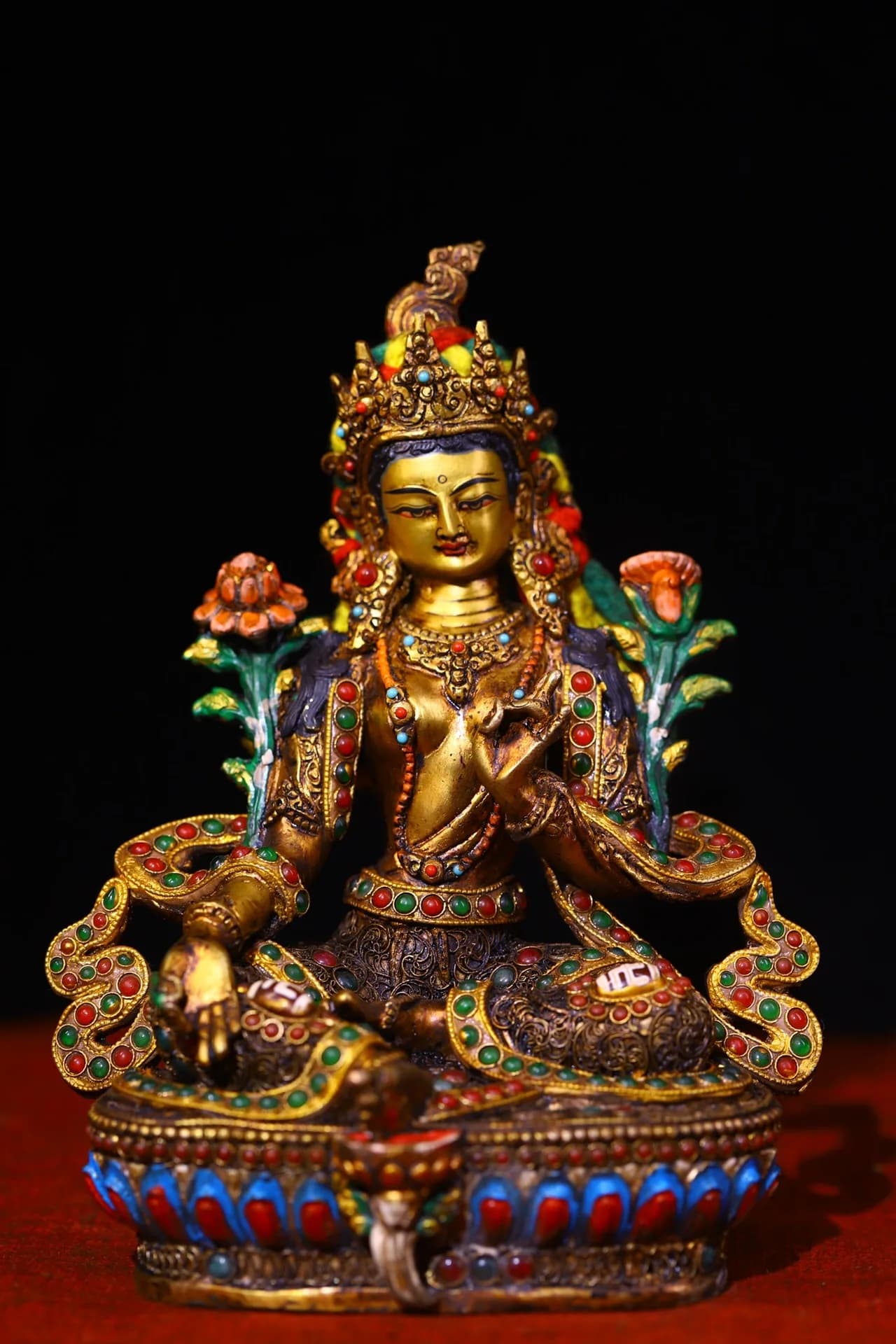 9"Tibetan Temple Collection Old Tibetan silver Outline in gold  Mosaic Gem gZi Beads Green Tara Sitting Buddha Worship Hall