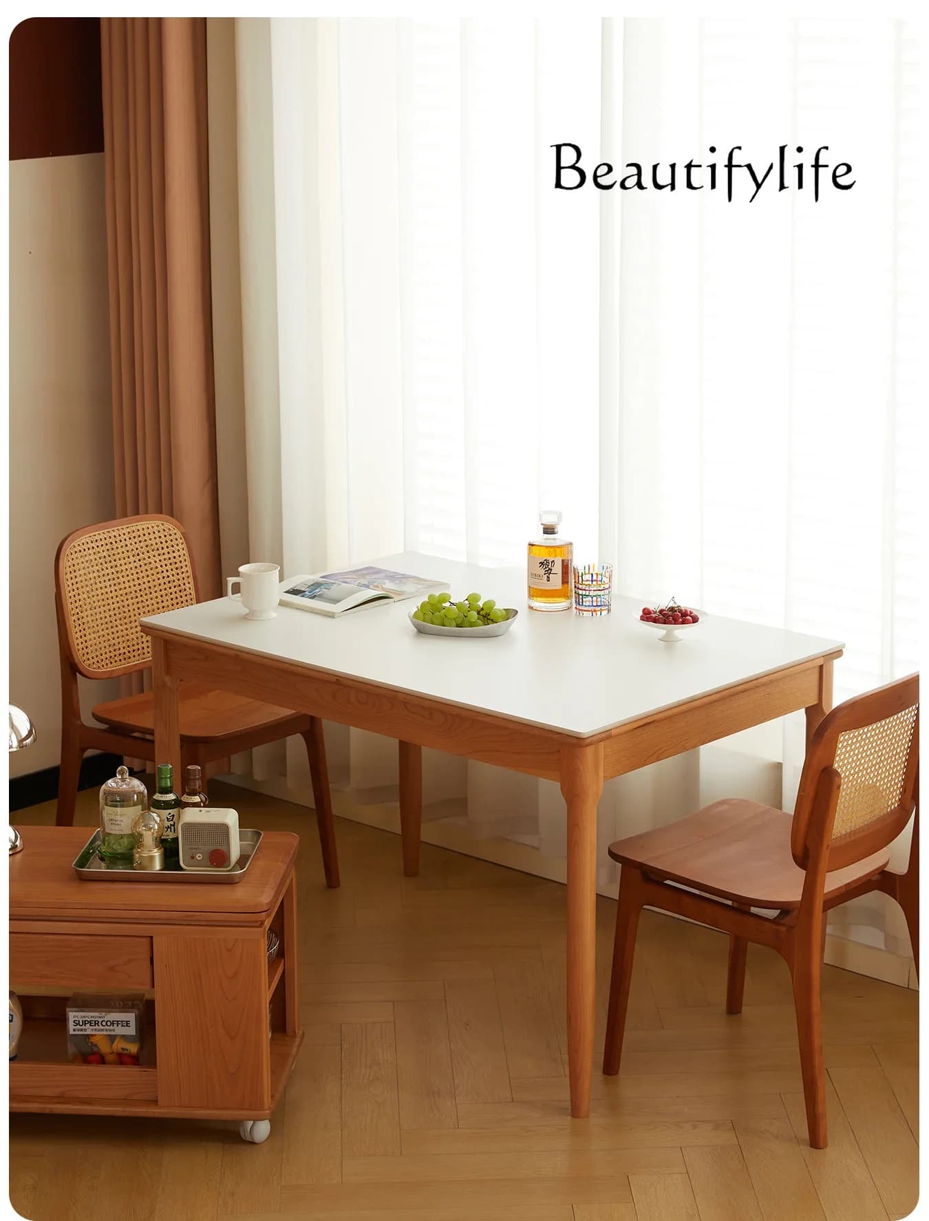 Y Solid Wood Rock Slab Dining Table Retractable Japanese Log Household Small Apartment Restaurant Cherry Wood Folding Dining Tab