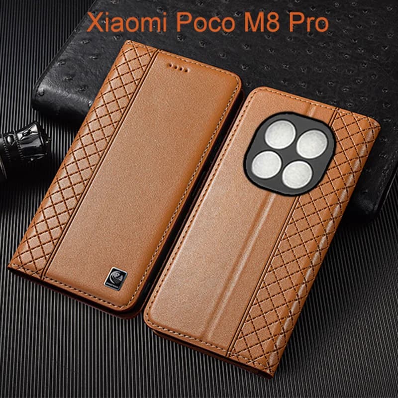 Napa Inner Grid Genuine Leather Flip Case For Xiaomi Poco M8 M8s Pro Phone Cover Card Cases Scratch Proof